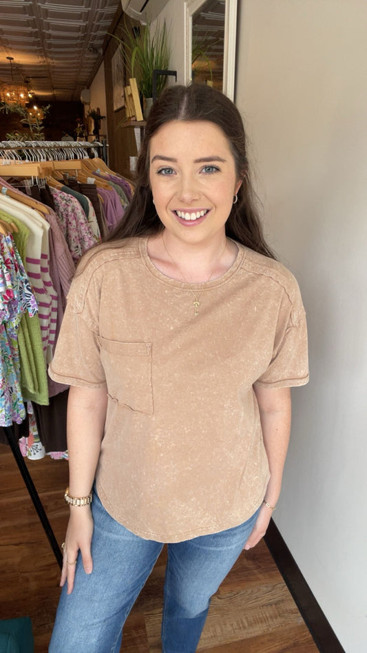 Mocha Mineral Wash T-Shirt with Pockets