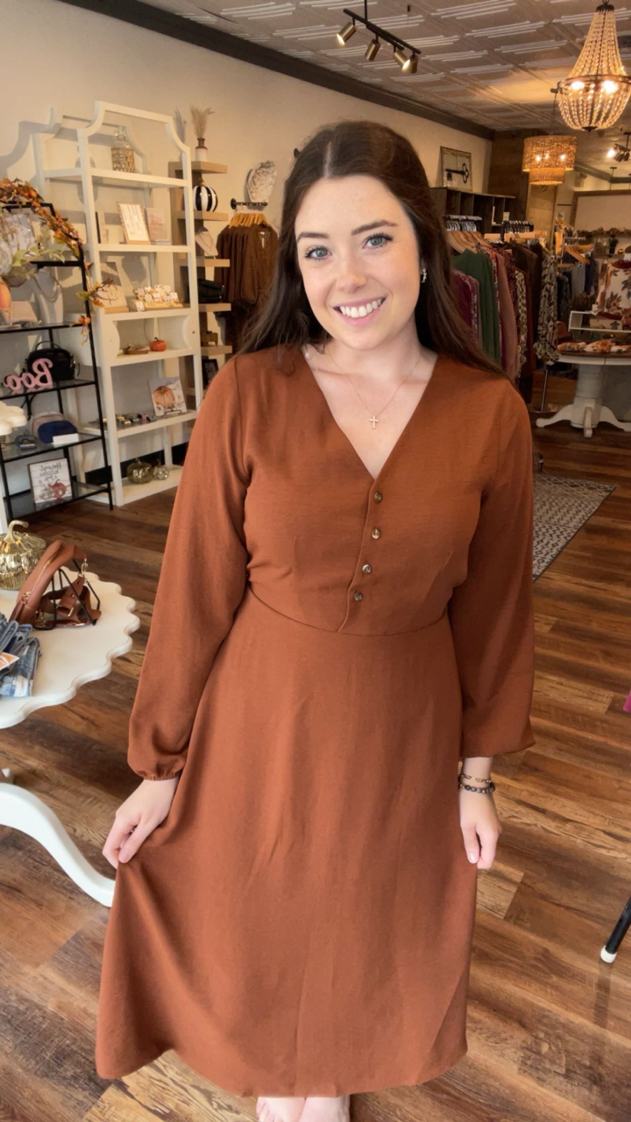 Burnt Orange Midi Dress with Buttons