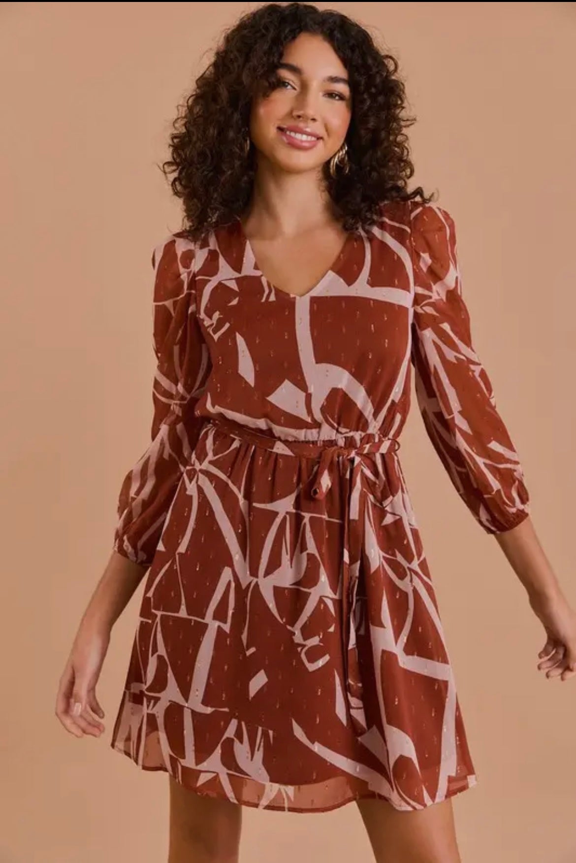 Rust and Taupe Abstract Dress with Gold Fleck