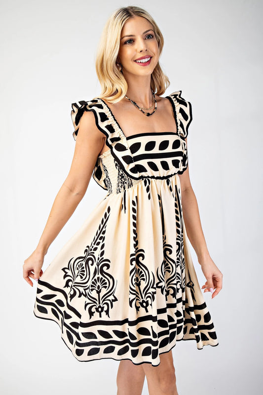 Ecru and Black Printed Ruffle Strap Dress