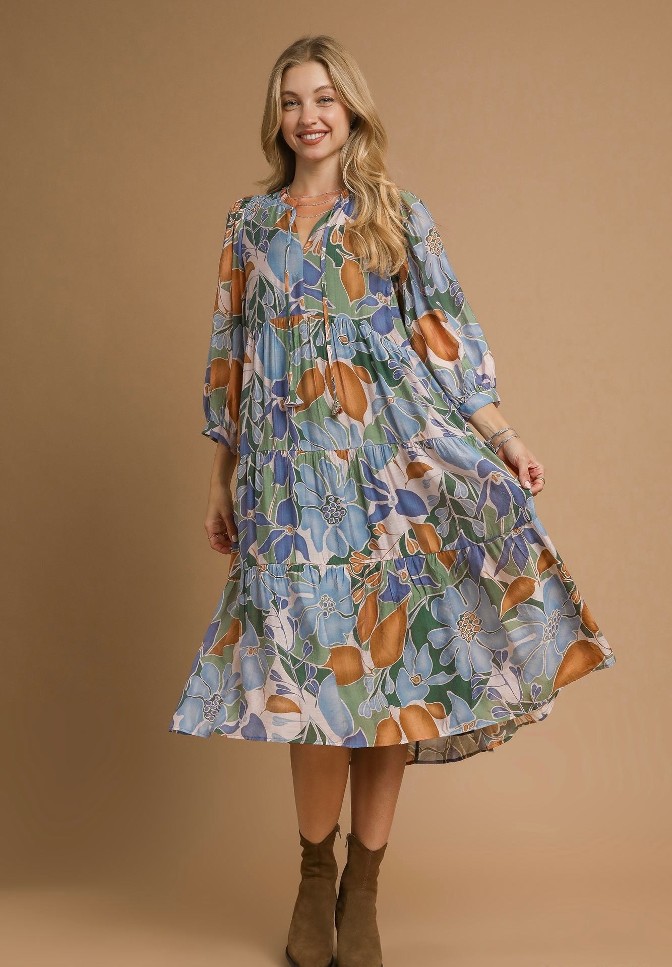 Blue and Chestnut Printed Midi Dress