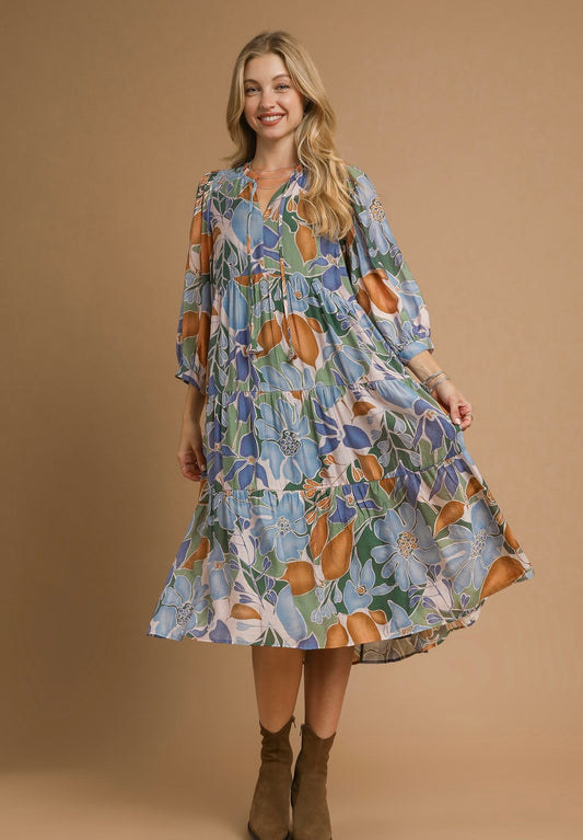 Blue and Chestnut Printed Midi Dress