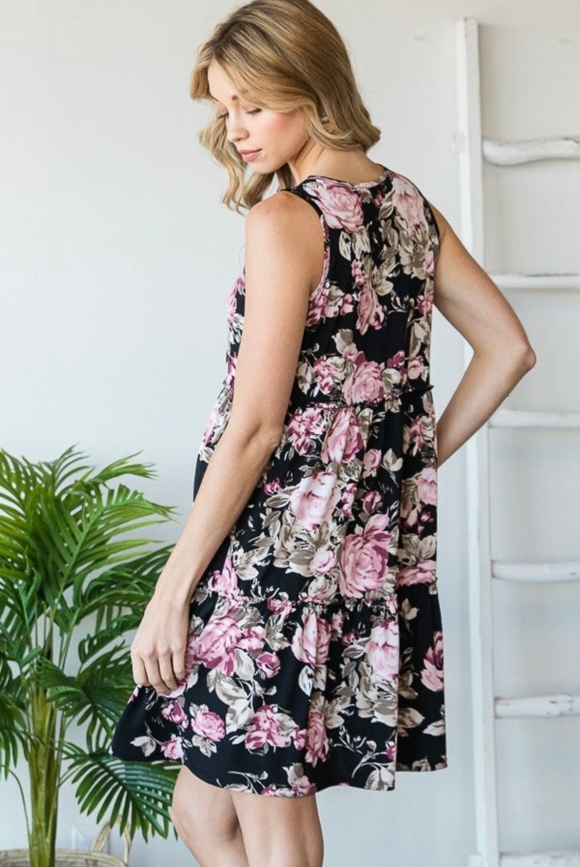Black and Mauve Floral Sleeveless Dress