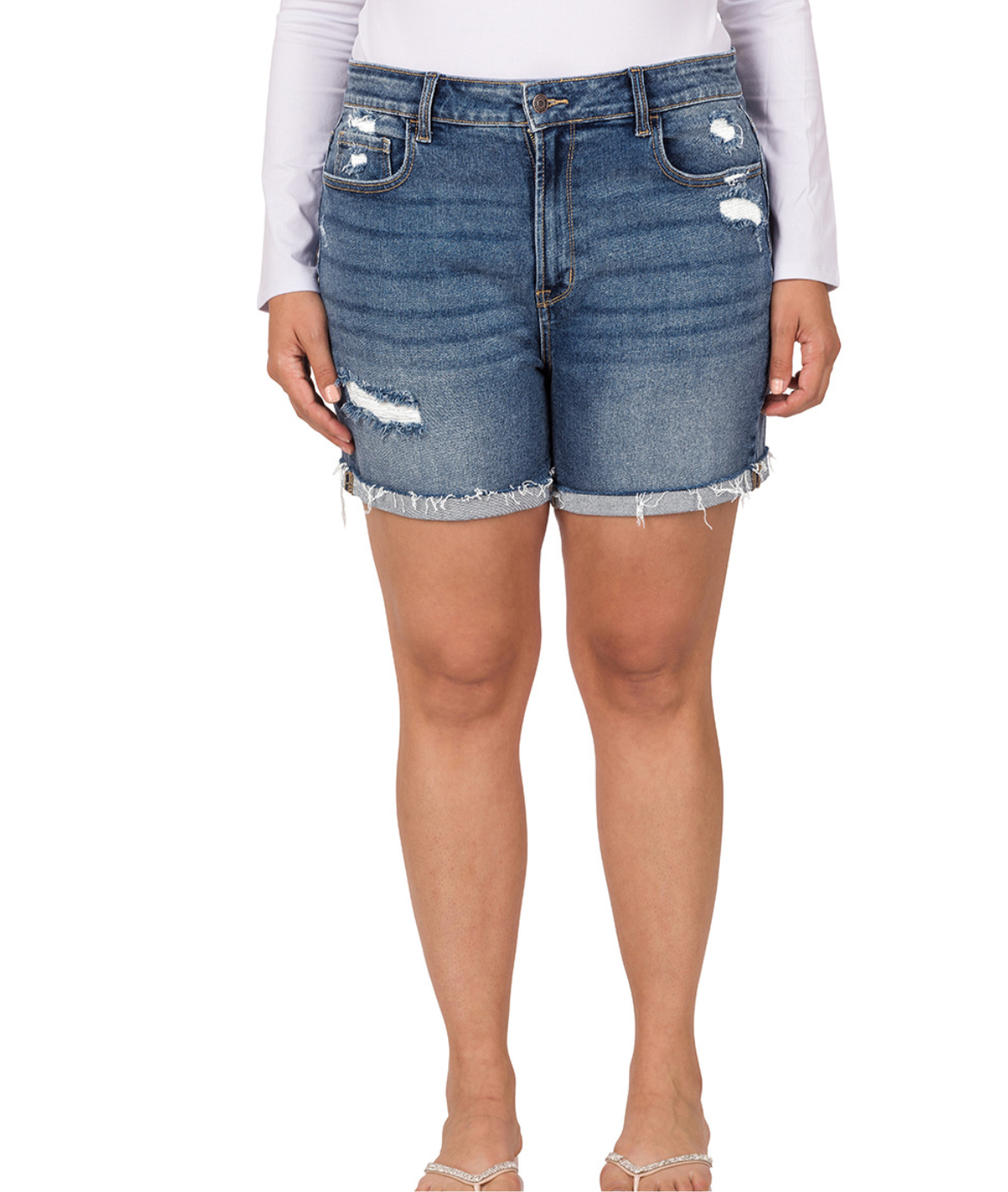 Distressed Cuffed Dark Denim Shorts