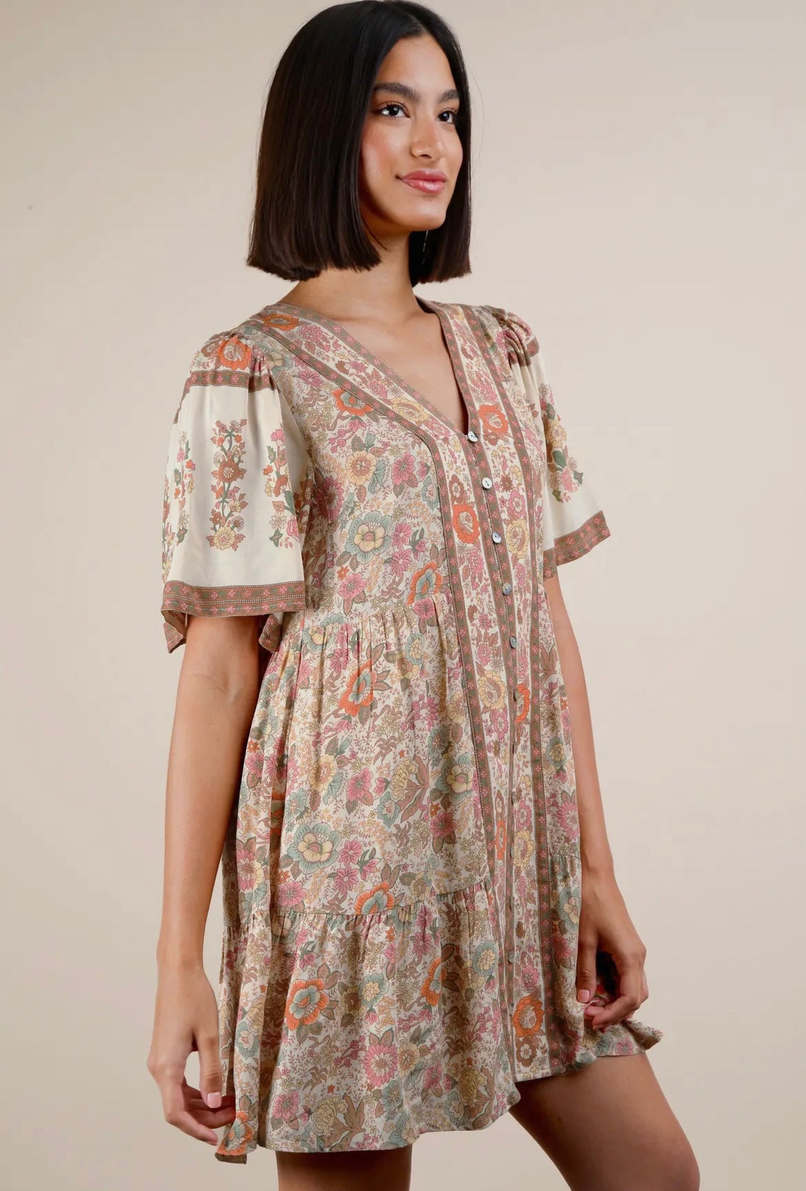 Mocha Floral Mix Mini Dress