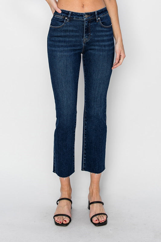 Dark Wash Mid-Rise Cropped Raw Hem Jeans
