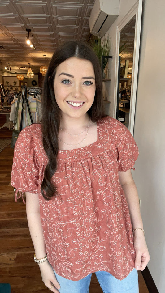 Brick Puff Sleeve Embroidered Top