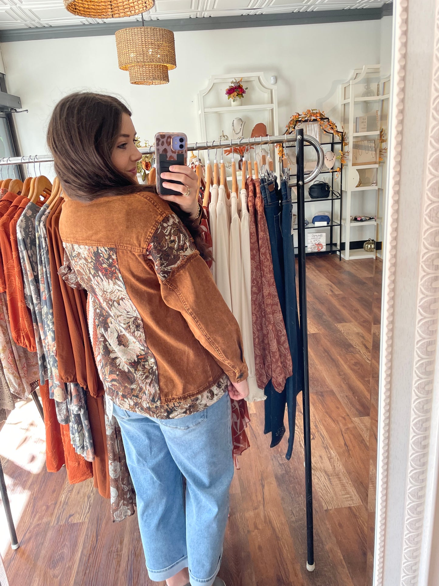 Denim Stone Washed Jacket with Floral Panels