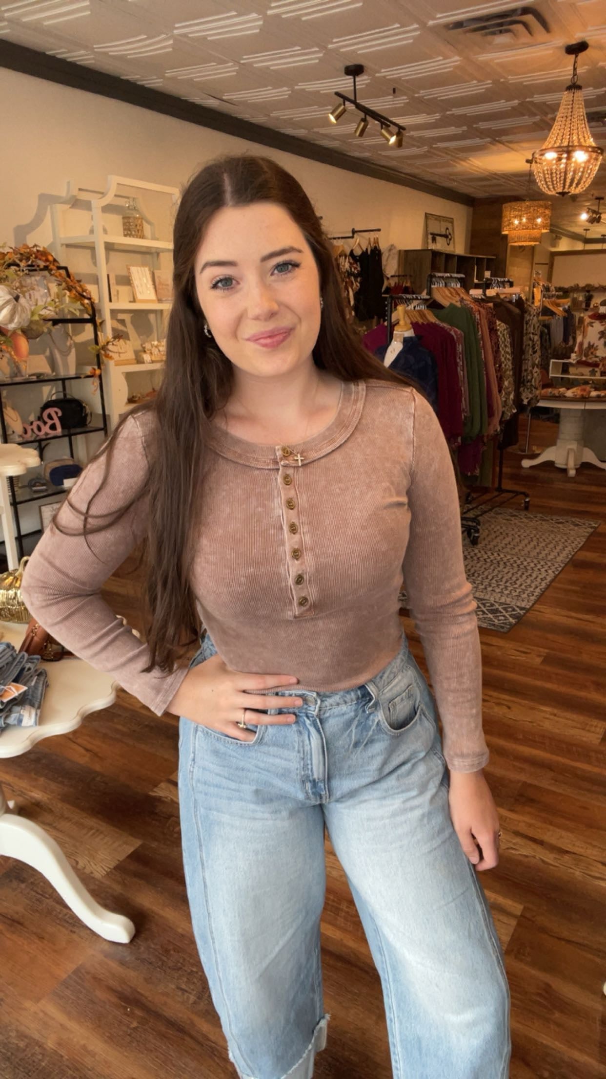 Cocoa Ribbed Henley Top