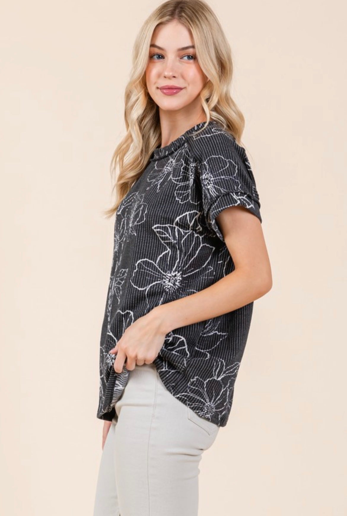 Charcoal Floral Ribbed Top