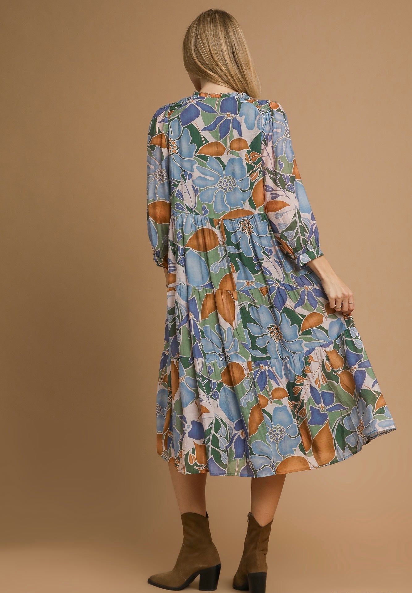 Blue and Chestnut Printed Midi Dress