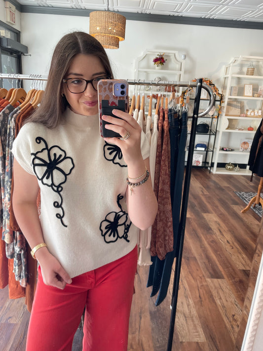 Cream Sweater with Black Florals
