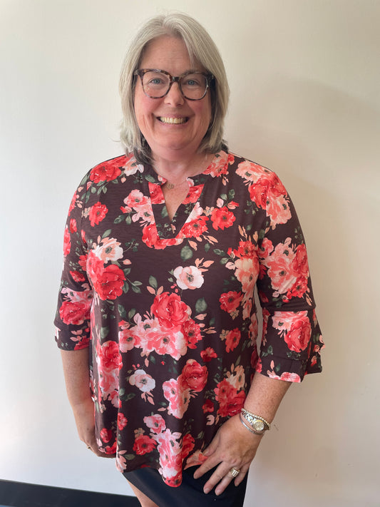 Chocolate and Red Bell Sleeve Wrinkle Resistant Blouse