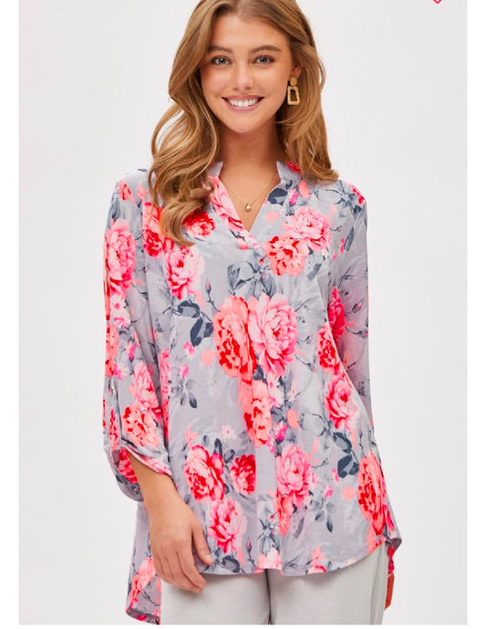 Grey and Coral Wrinkle Free Floral Blouse