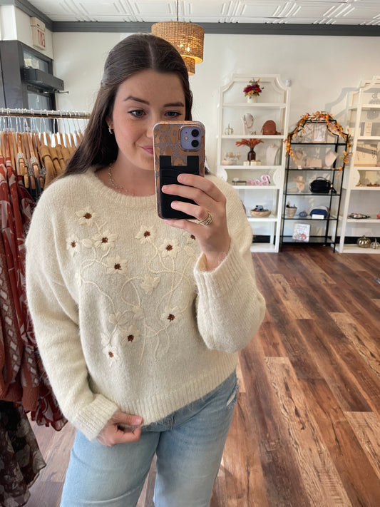 Neutral Knit Floral Embroidery Sweater