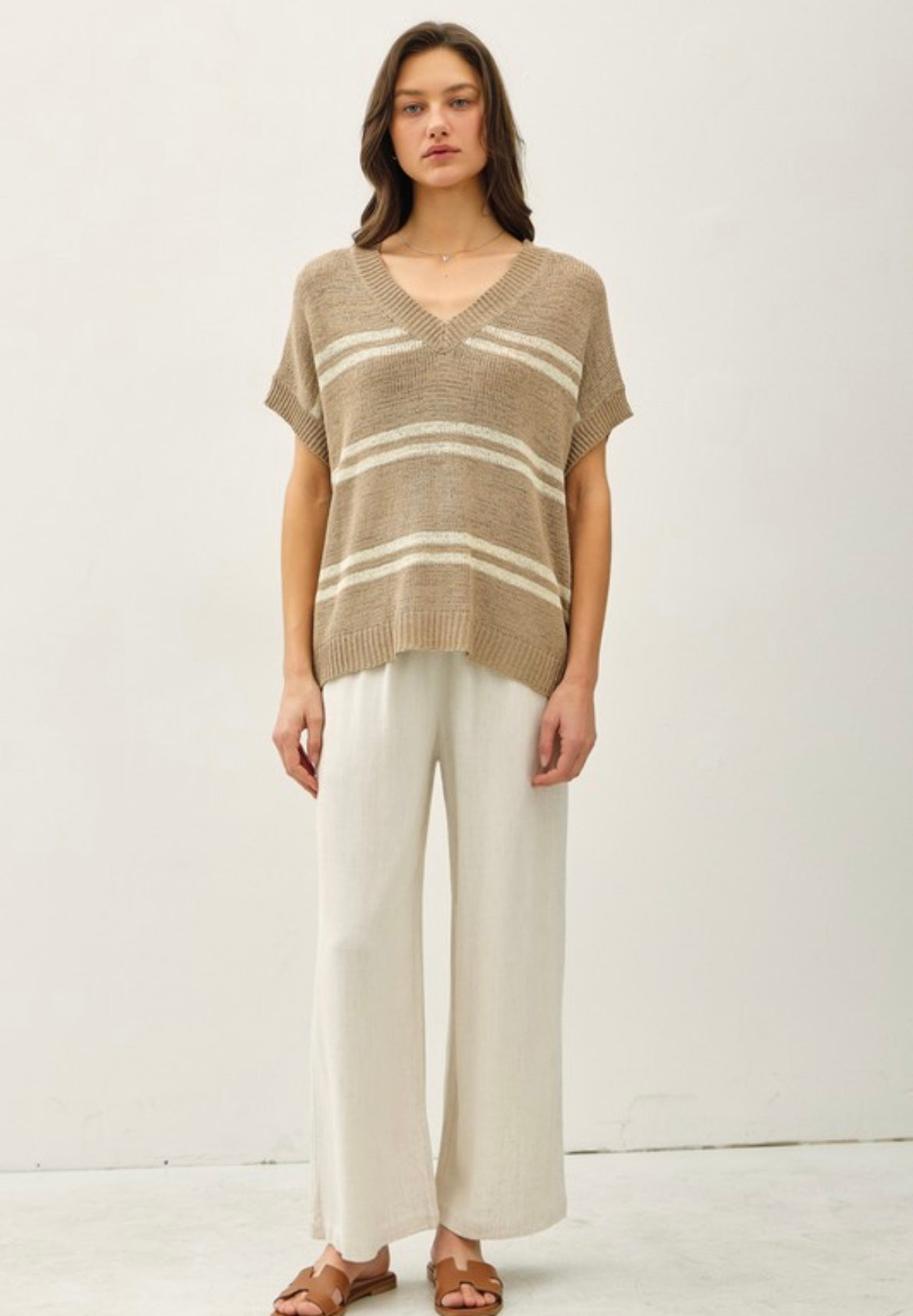 Taupe Striped V-Neck Short Sleeve Sweater