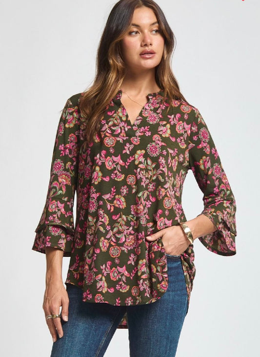 Olive and Pink Bell Sleeve Wrinkle Resistant Blouse