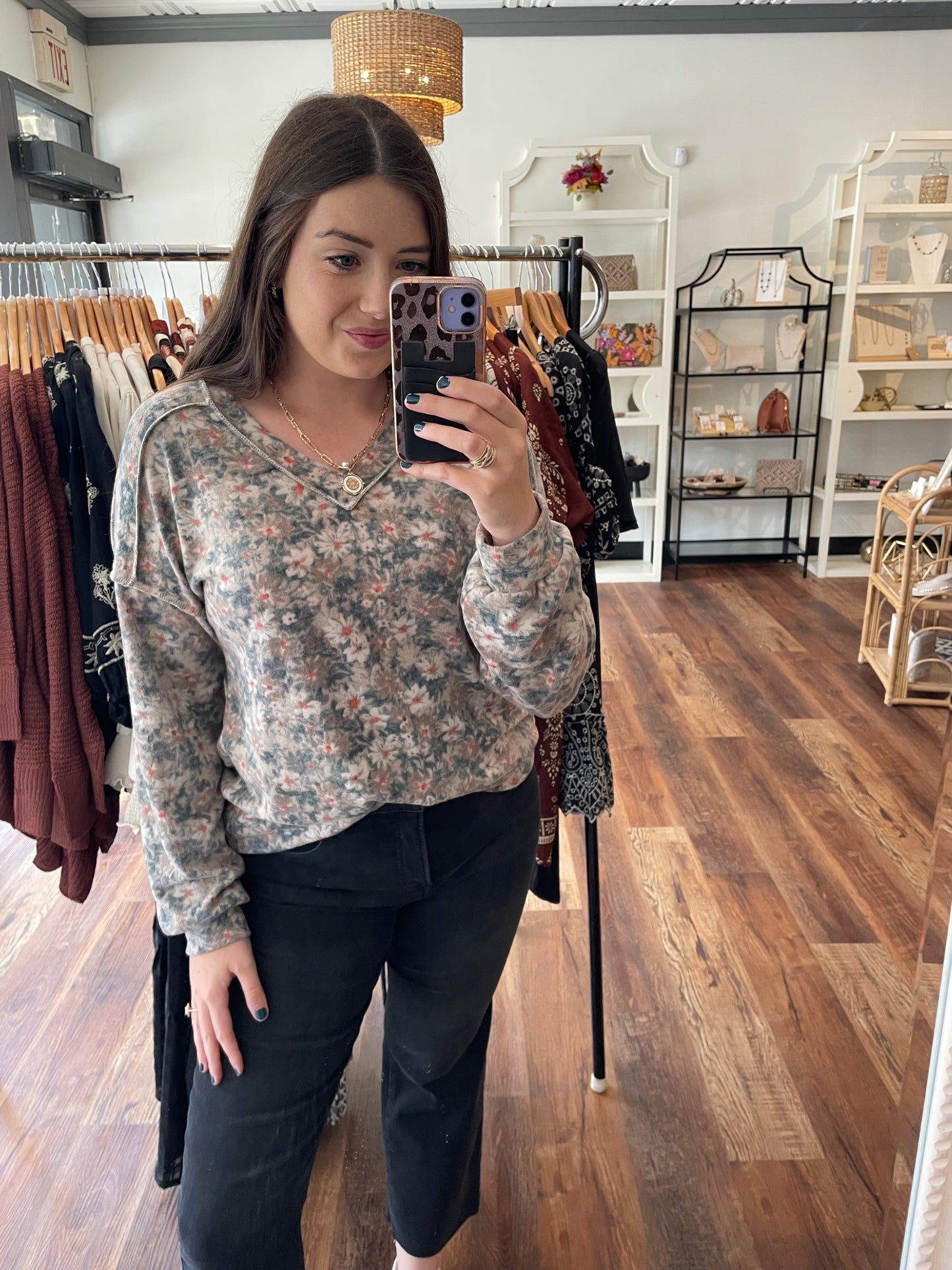 Mocha and Hunter Green Floral Top