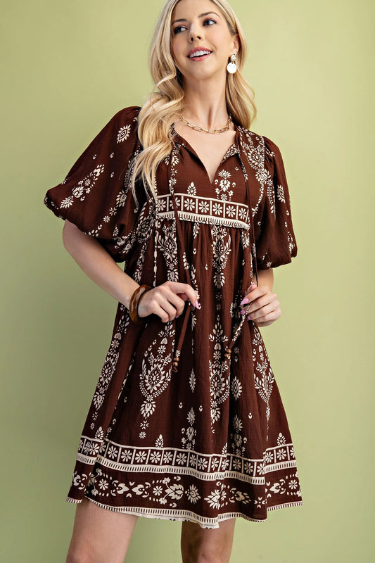 Brown Printed Boho Dress with Tie Strings