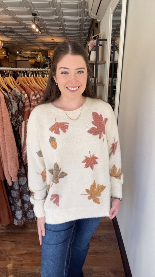 Sand Fuzzy Fall Leaves Sweater