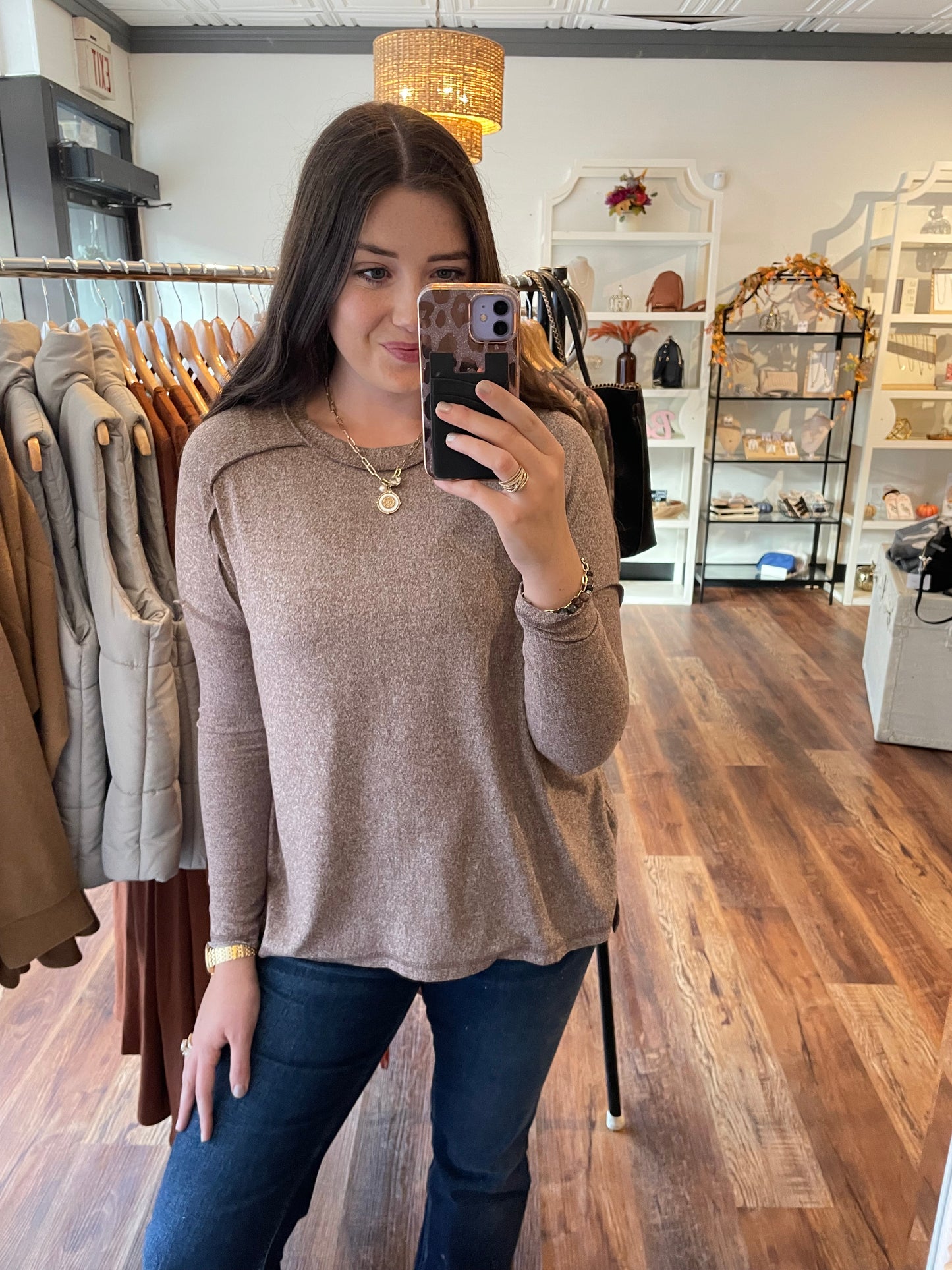 Heathered Brown Long Sleeve Basic Top