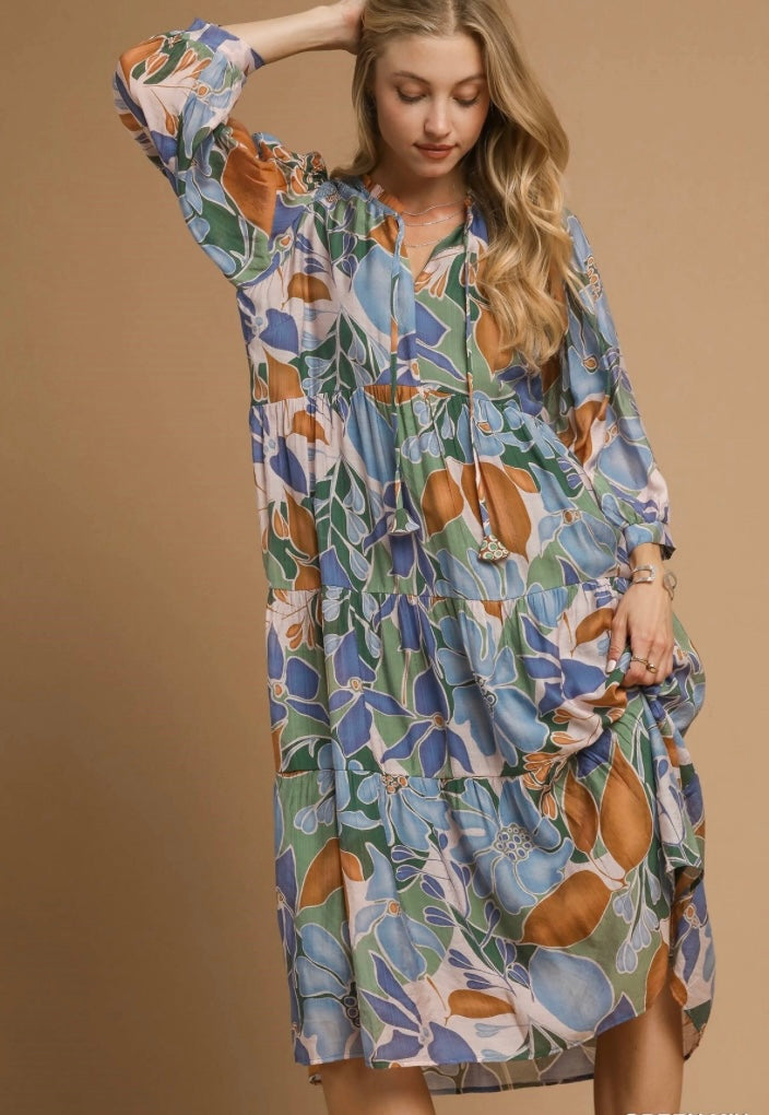 Blue and Chestnut Printed Midi Dress