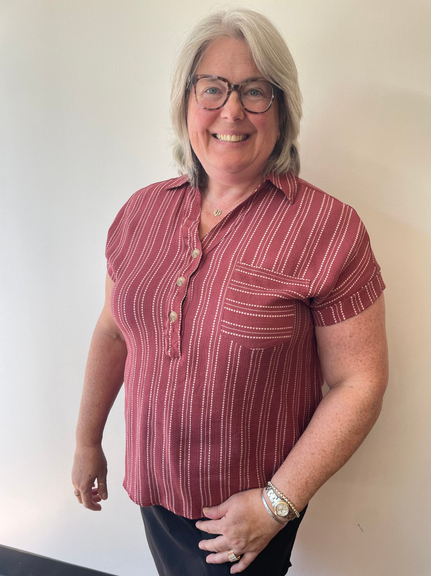 Marsala Stripe Button Top