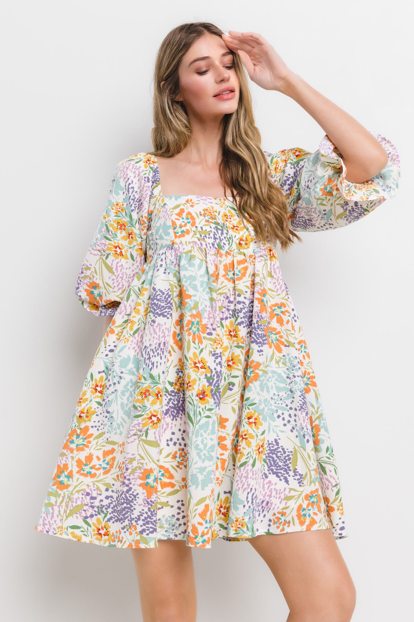 Multi Floral Print Square Neck Dress