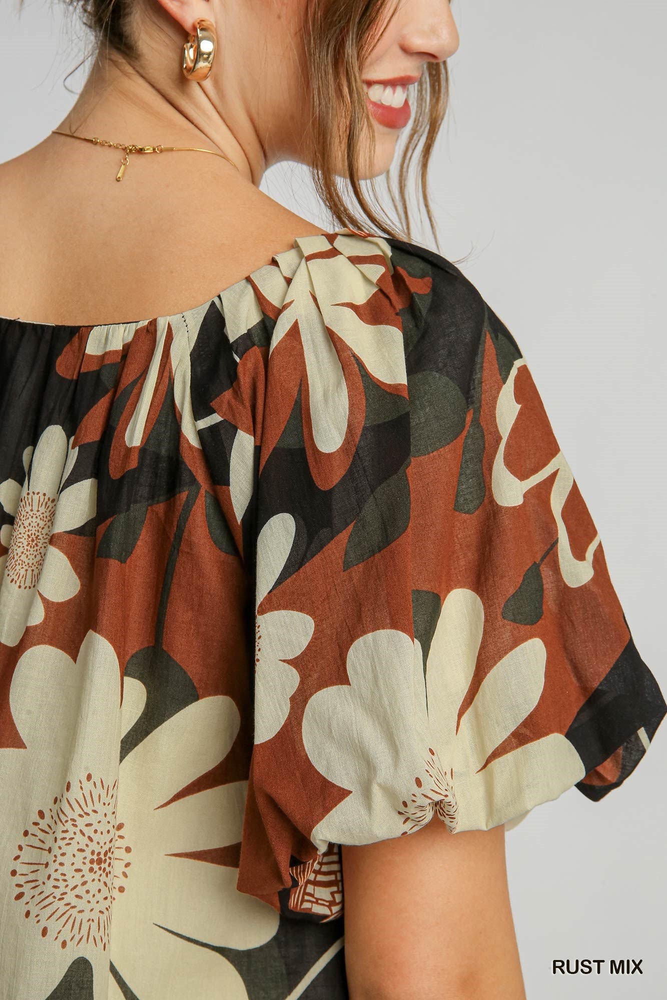 Rust Mix Puff Sleeve Blouse