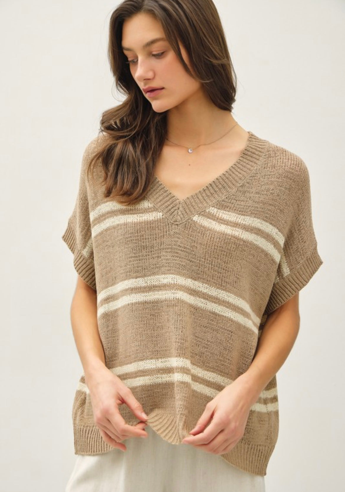 Taupe Striped V-Neck Short Sleeve Sweater