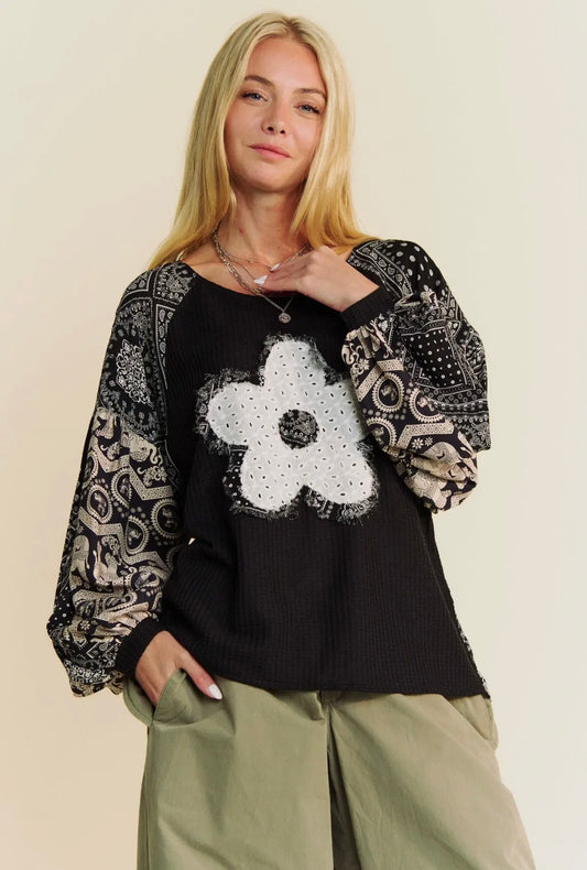 Black Floral Patchwork Top