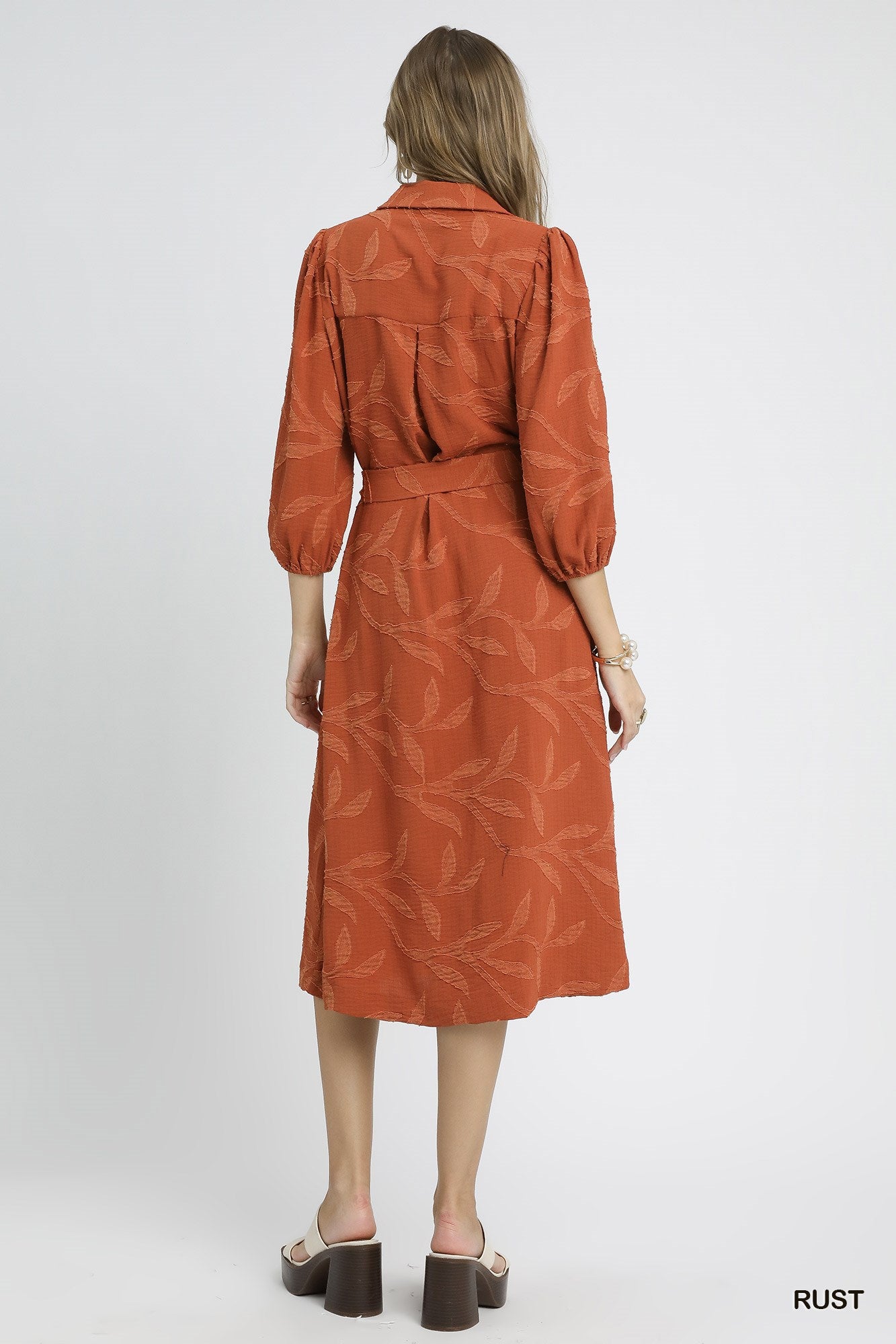 Rust Jacquard Dress with Waist Tie