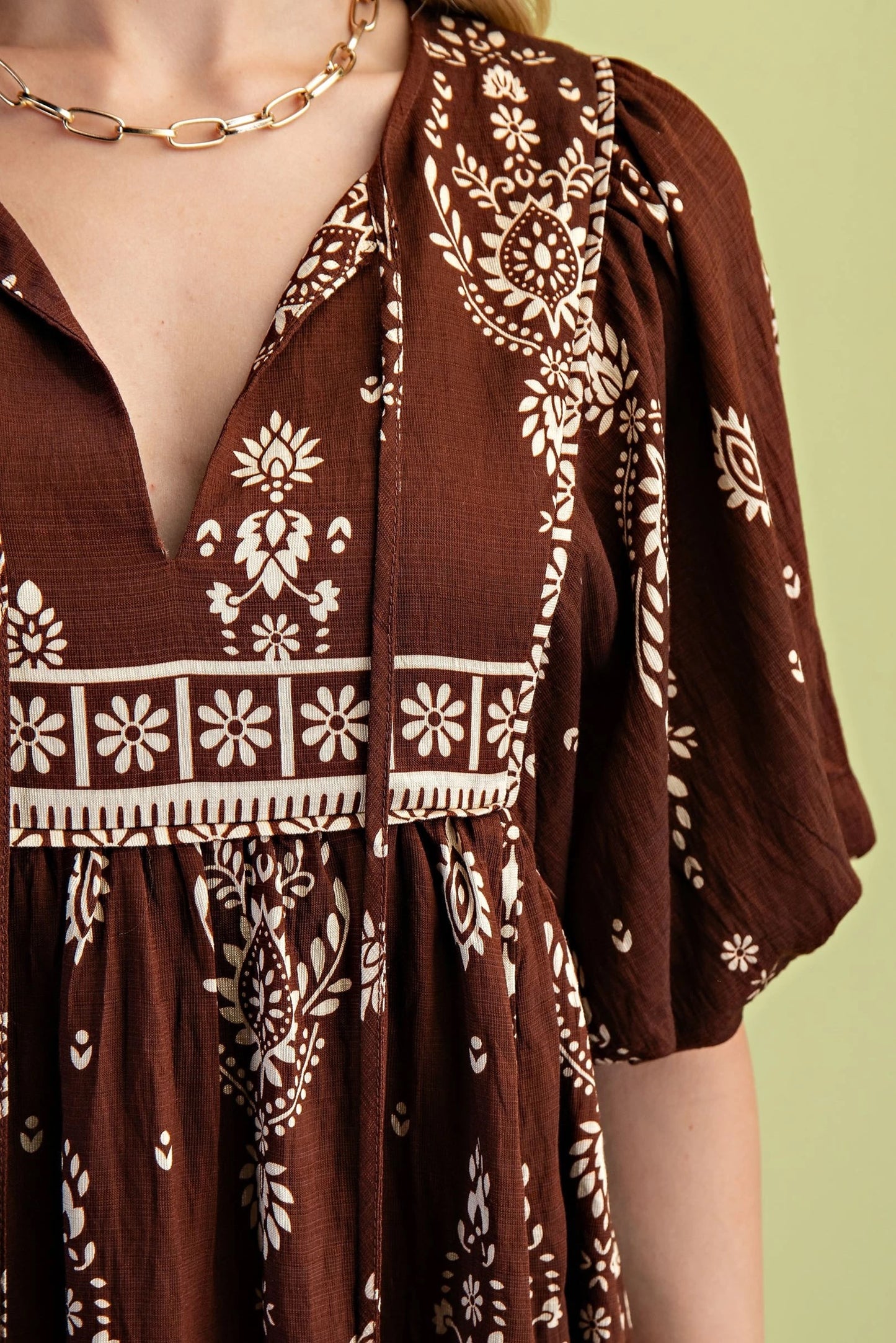 Brown Printed Boho Dress with Tie Strings