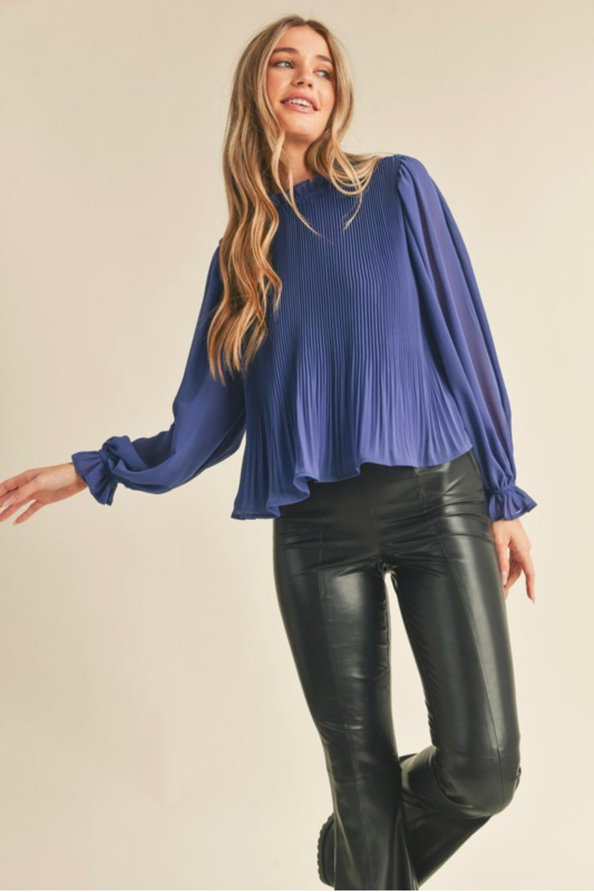 Blue Pleated Blouse with Ruffles