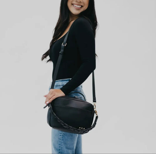 Black Boxy Crossbody Purse with Braided Strap