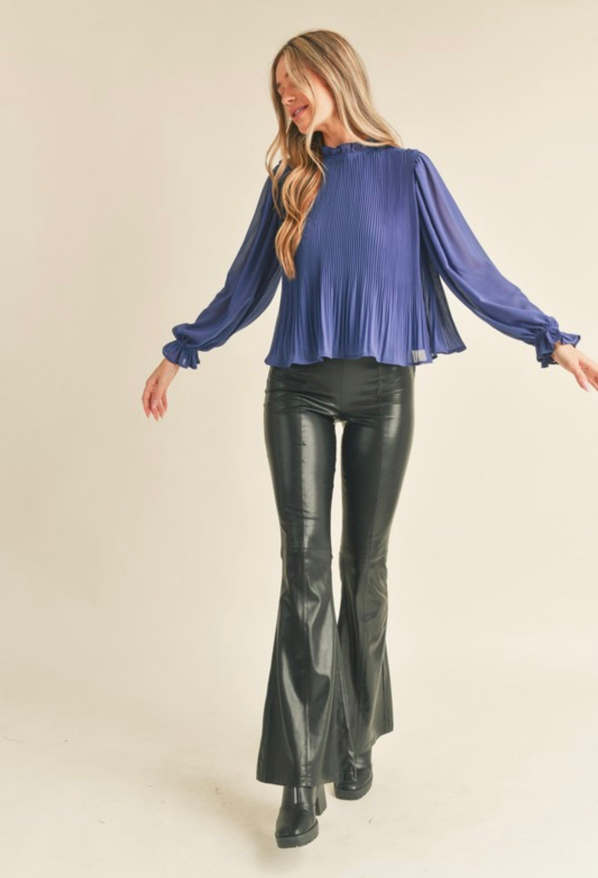 Blue Pleated Blouse with Ruffles