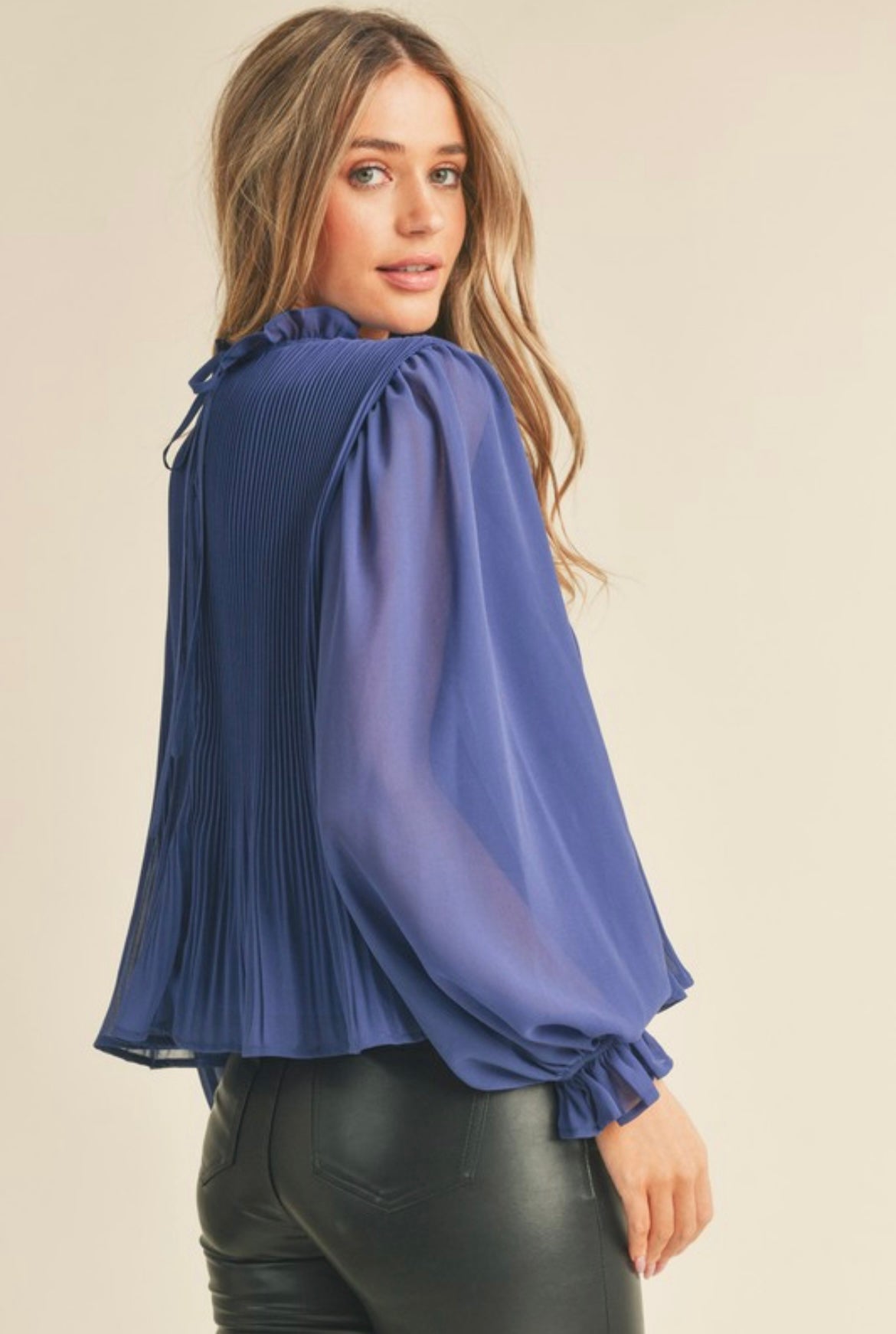 Blue Pleated Blouse with Ruffles