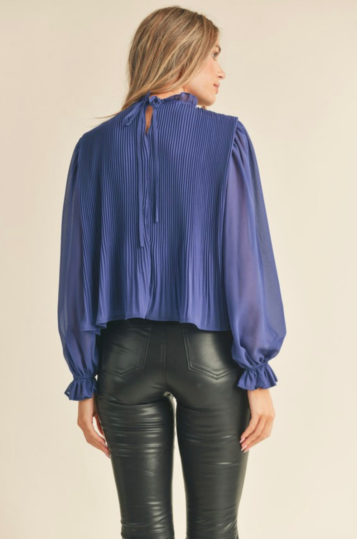 Blue Pleated Blouse with Ruffles