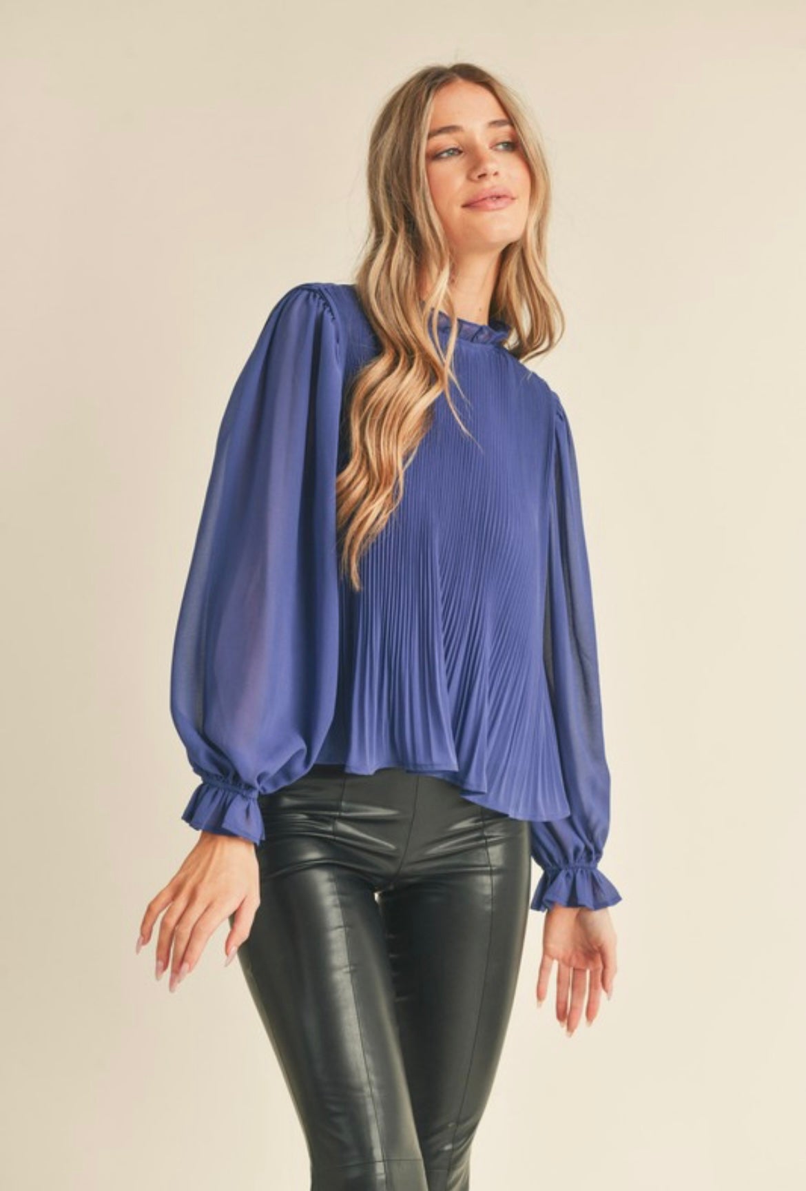 Blue Pleated Blouse with Ruffles
