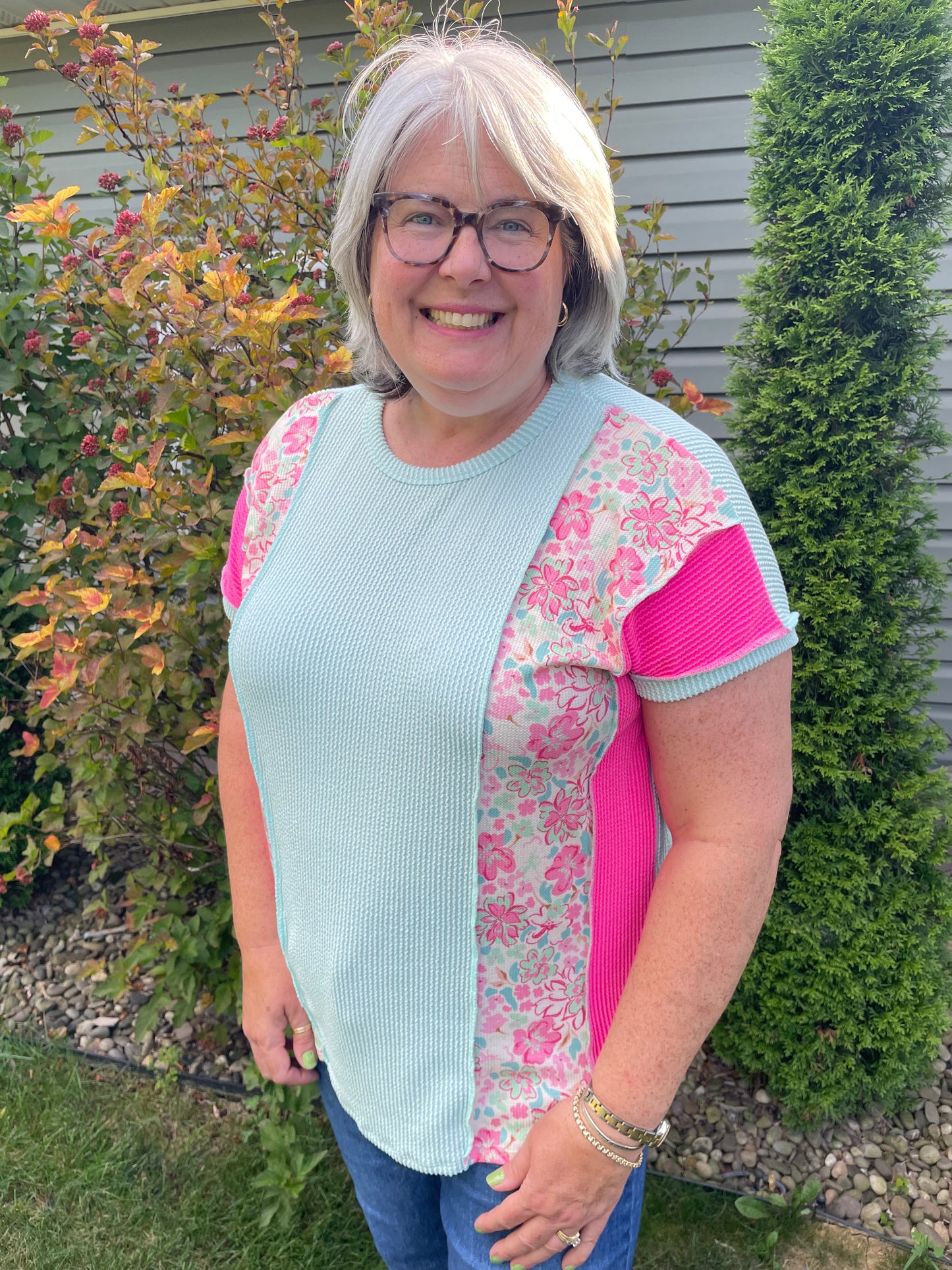Mint and Fuchsia Floral Ribbed Top