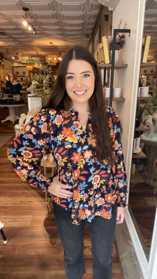 Navy Floral Smocked Wrinkle Resistant Blouse