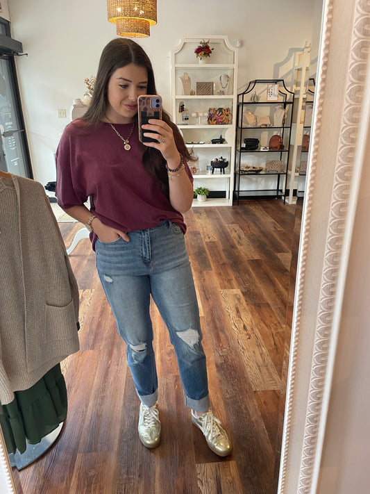 Medium Wash Distressed Mom Jean with Cuff