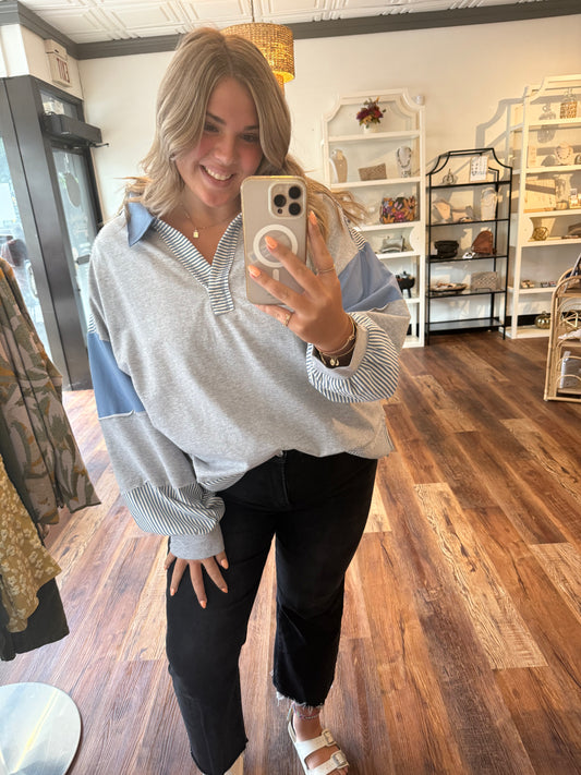 Heathered Grey and Blue Top with Stripes