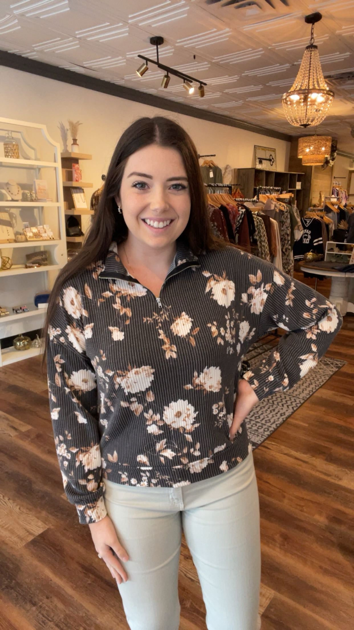 Charcoal Floral Ribbed Quarter Zip