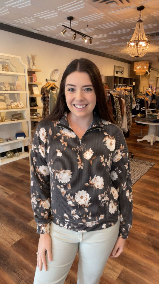 Charcoal Floral Ribbed Quarter Zip