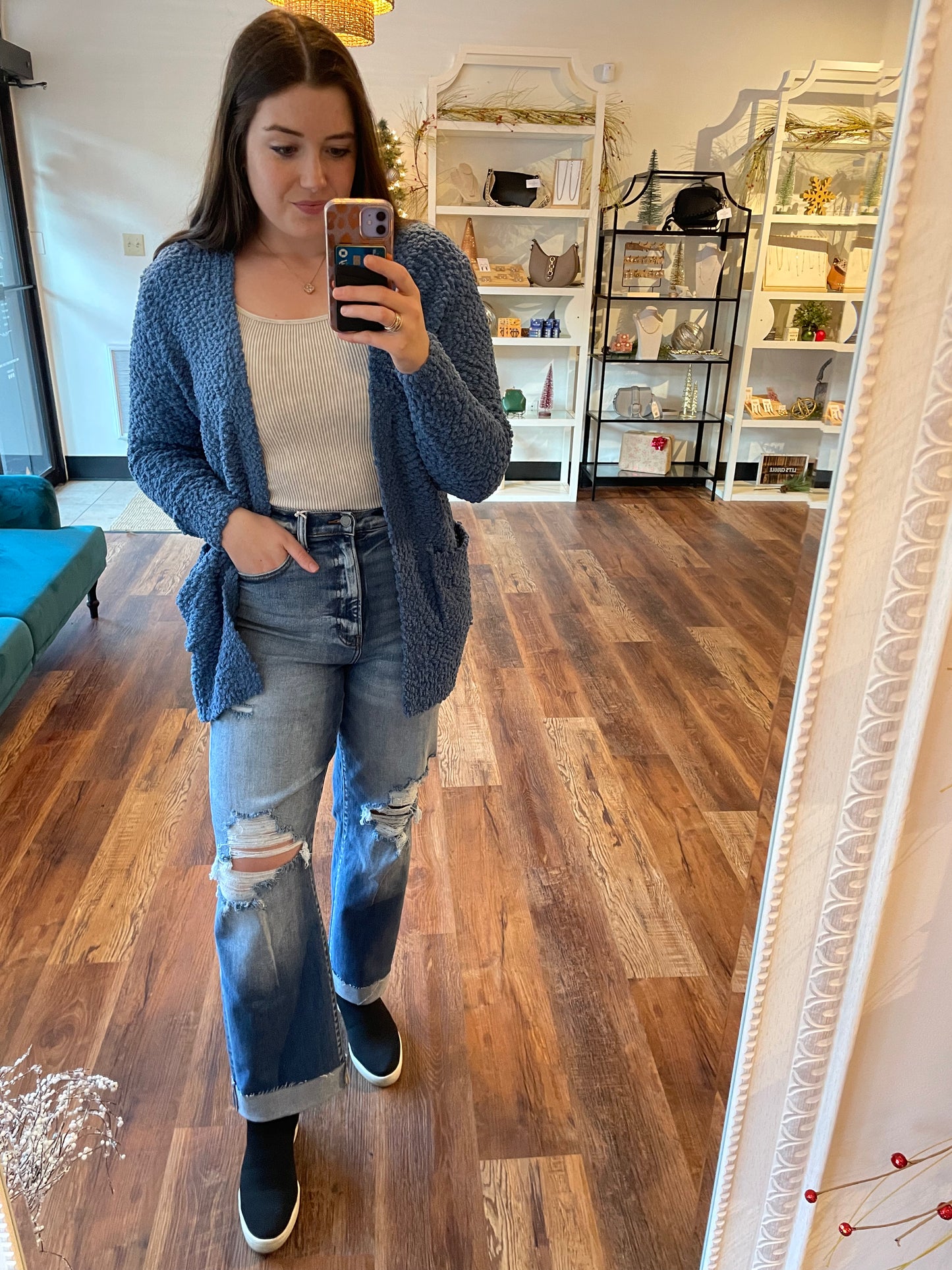 High Rise Distressed Dad Jean with Bottom Cuff