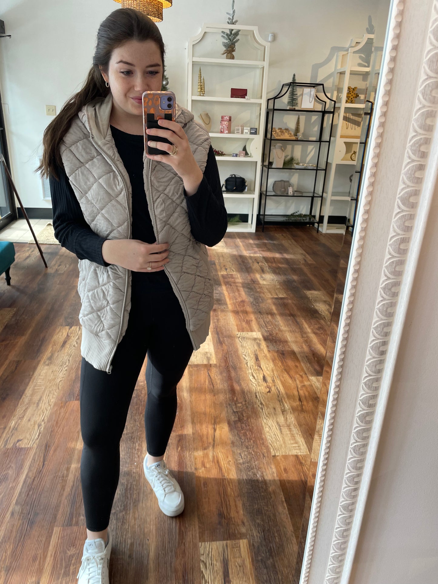 Taupe Quilted Vest with Hood
