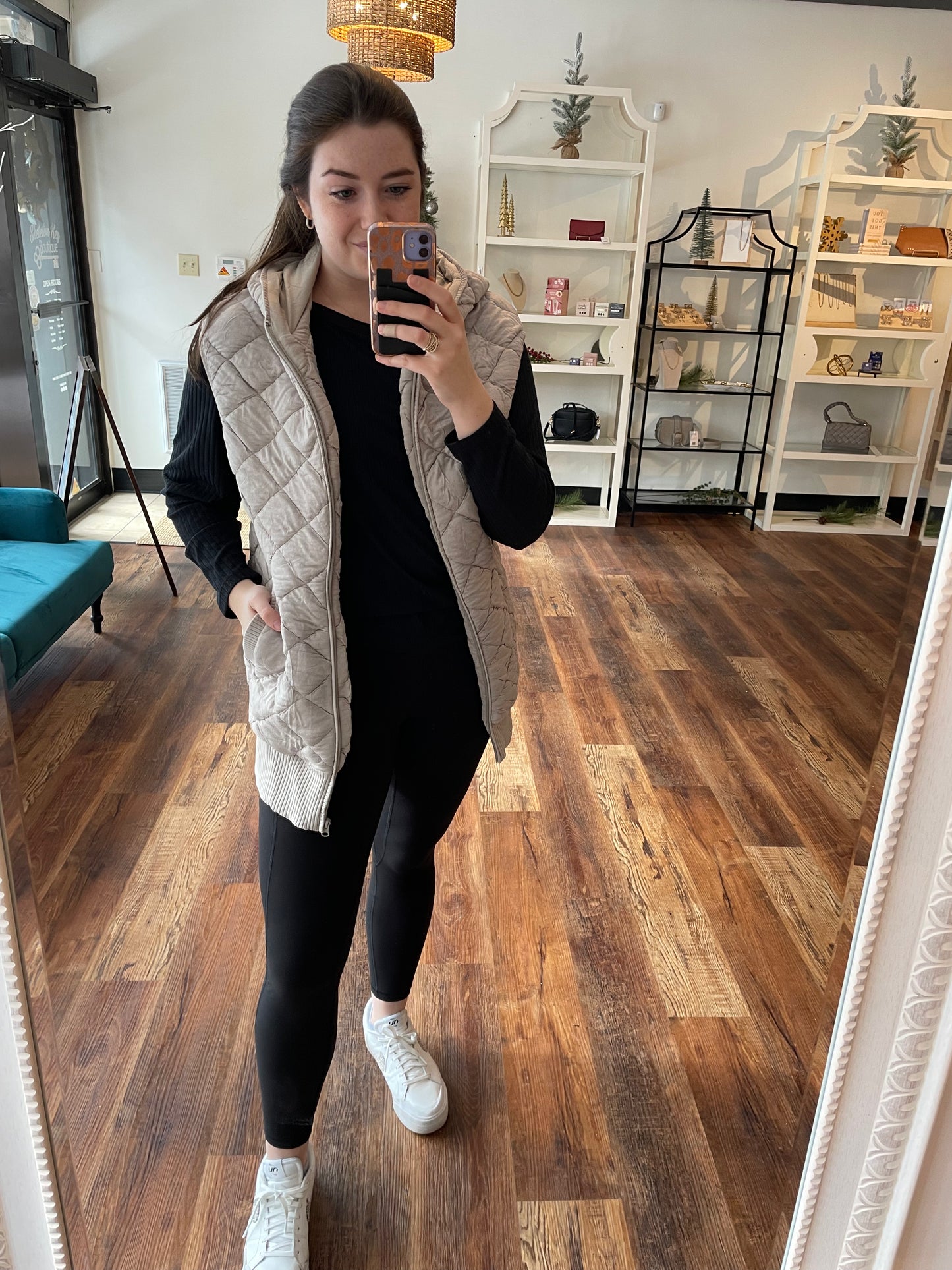 Taupe Quilted Vest with Hood