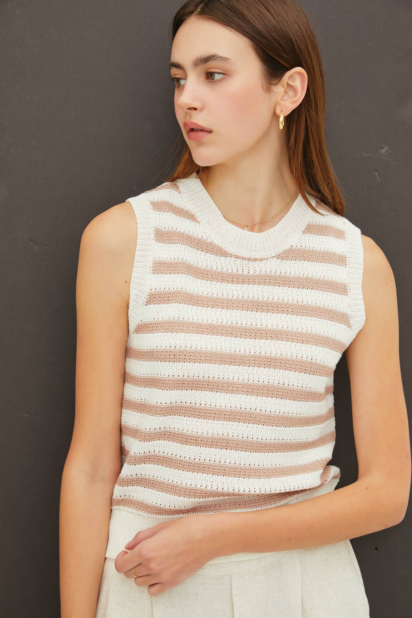 TAUPE STRIPED CREW NECK KNIT TANK