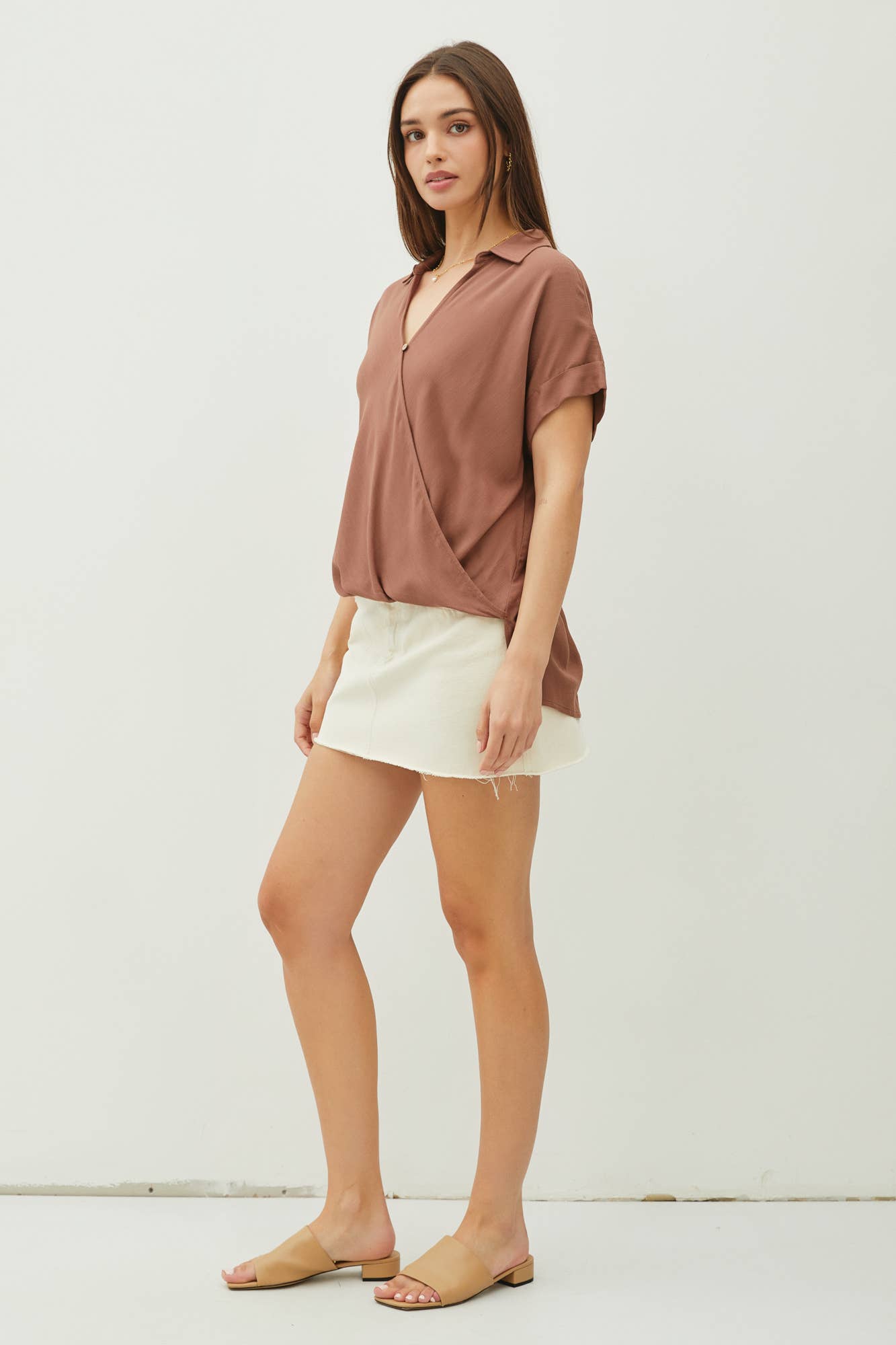 BROWN OVERSIZED V-NECK ROLLED SLEEVE SURPLICE SHIRT TOP